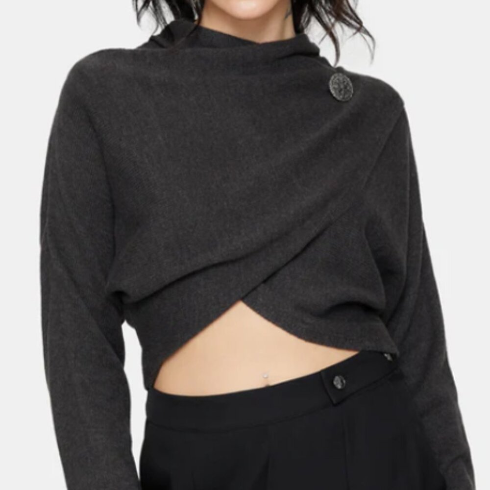 Calliope Wrap Over Cropped Knit Sweater with Brooch